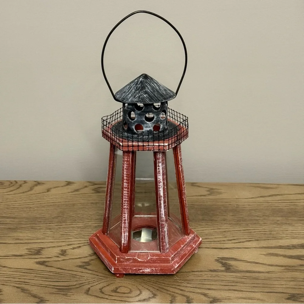 Vintage See Thru Glass LIGHTHOUSE Nautical Decor Tealight Candle Lantern Rustic